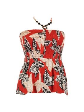 Cassee’s Red White Floral Smocked Tube Top Strapless Beaded Tie Tropical